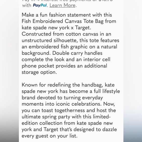 Kate Spade New York xTarget Fish Embroidered Canvas Tote Bag Fun Fashion - Picture 8 of 8